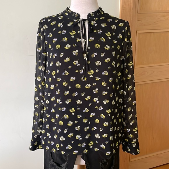 Banana Republic Long Sleeved Black Floral Chiffon Blouse, Size L - Picture 1 of 13